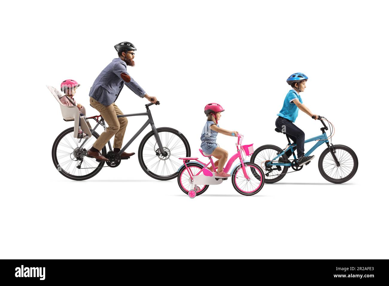 Father with three children riding bicycles isolated on white background Stock Photo