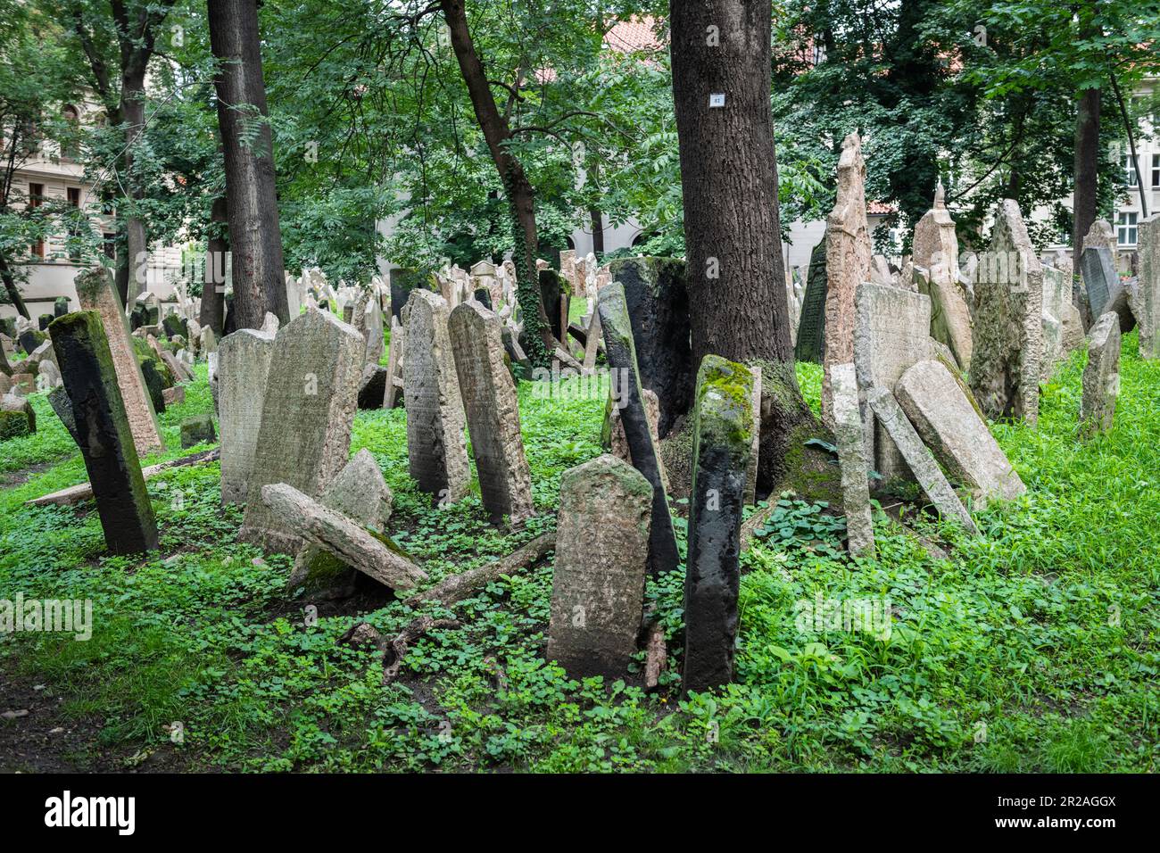 Tombstones in an Old Jewish Cemetery in Josefov district in Prague, capital of the Czech Republic. Stock Photo