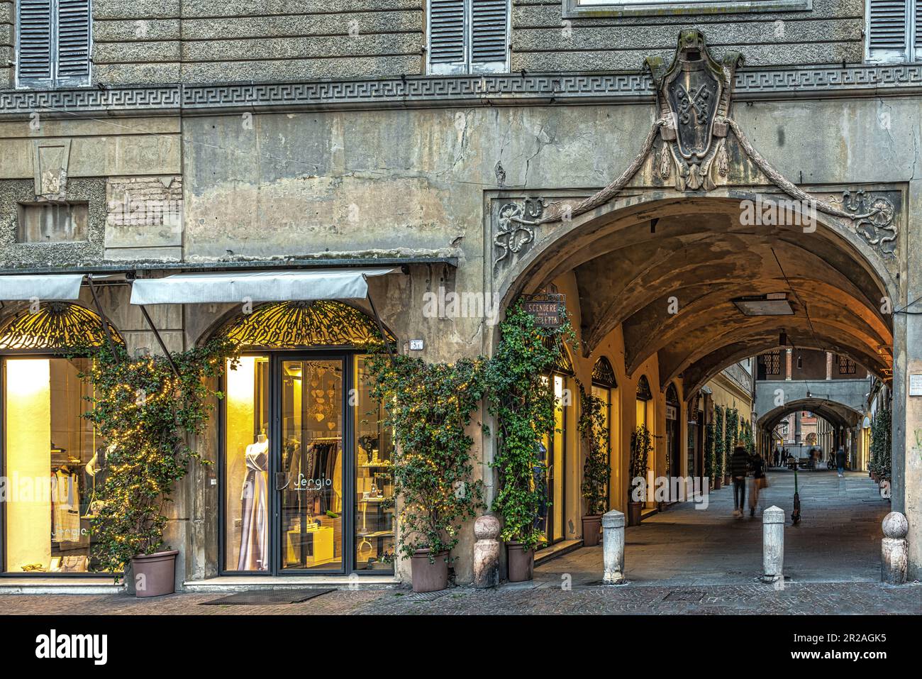 The passage 'sotto Broletto' was created with the opening of the passage to the right of the cathedral of Santa Maria Assunta. Reggio Emilia Stock Photo