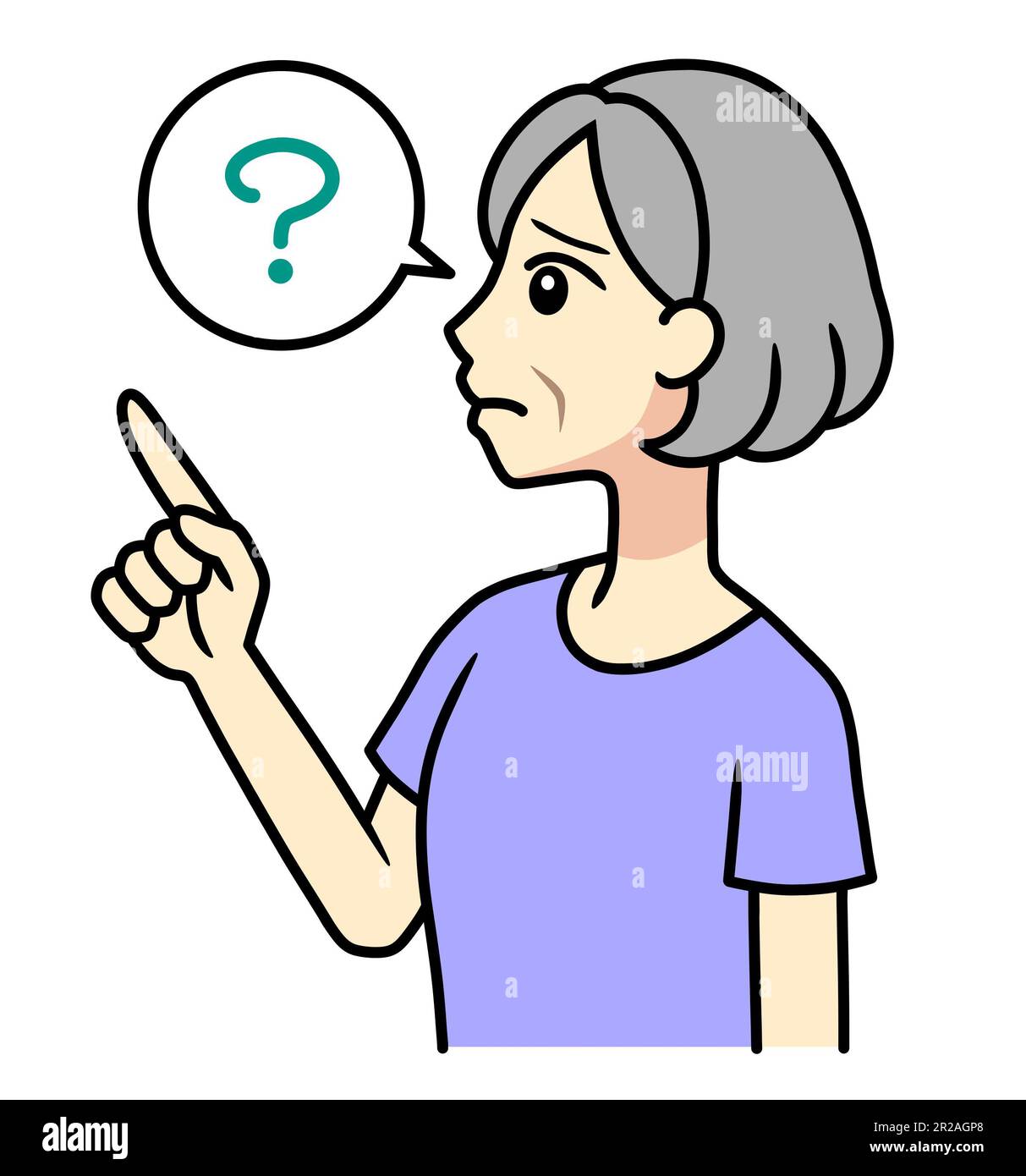 A senior woman pointing upward with a question mark Stock Photo