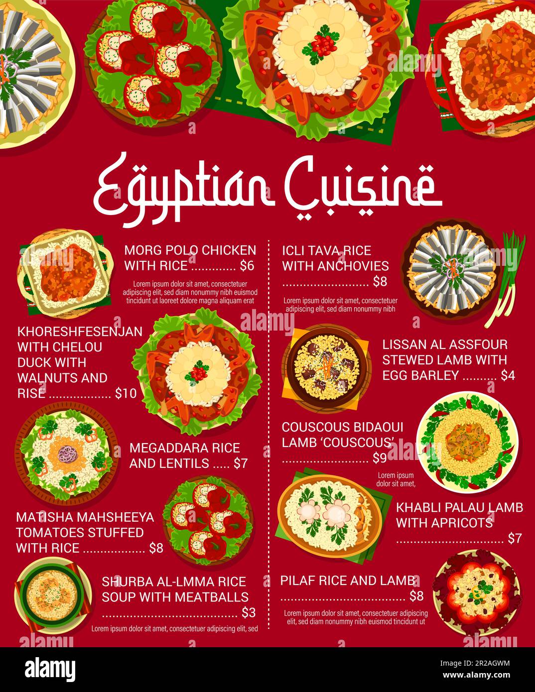 Egyptian cuisine menu, lunch and dinner dishes, vector restaurant meals. Egyptian cuisine couscous bidaoui with lamb, megaddara rice and lentils, morg polo chicken and matisha mahsheeya tomatoes Stock Vector