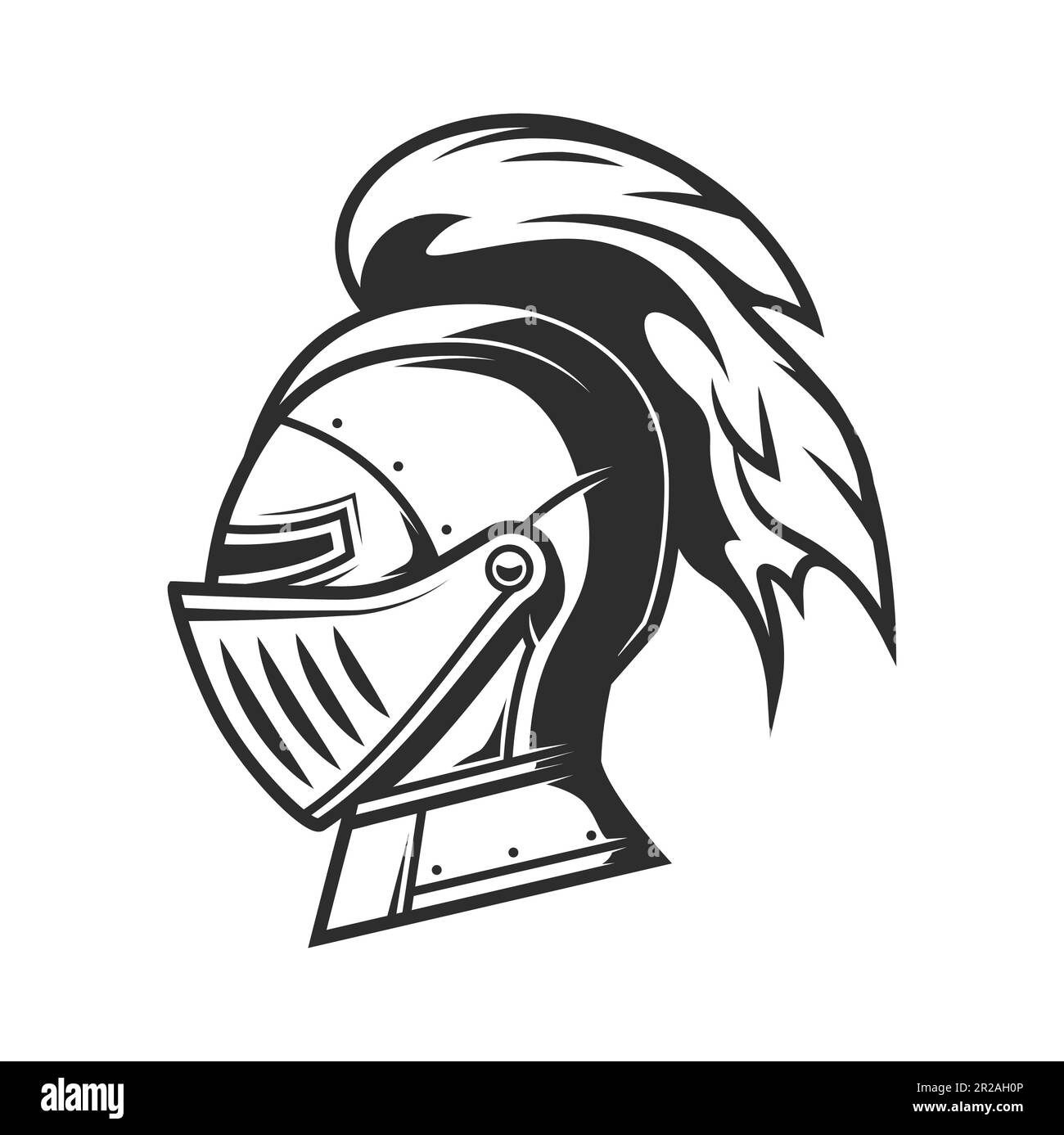 Knight warrior helmet with plume, heraldry armor of medieval army soldier. Vector ancient great helm or armet with visor isolated symbol. Knight, gladiator, spartan fighter or soldier helmet side view Stock Vector