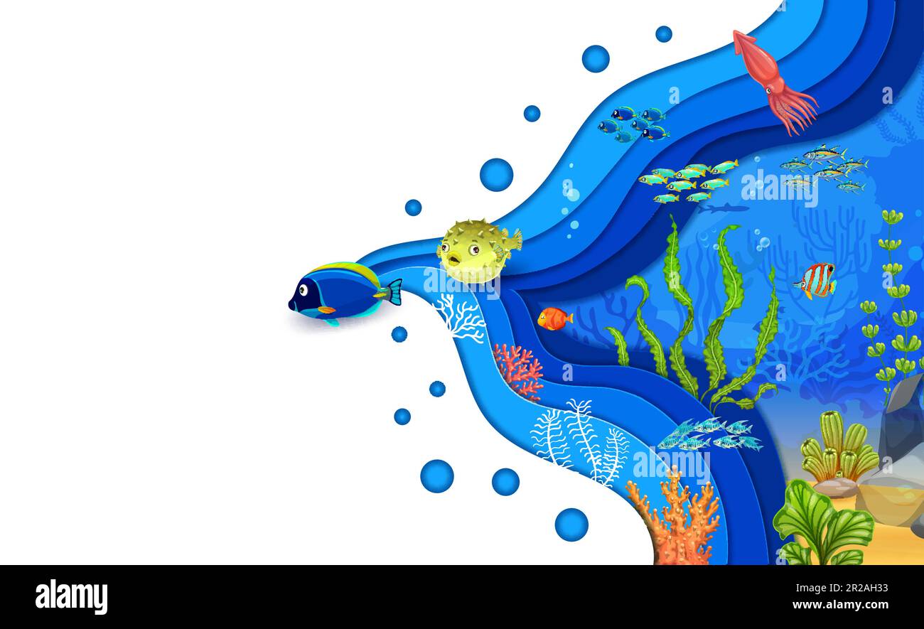 Cartoon tropical fish and squid on sea paper cut landscape with