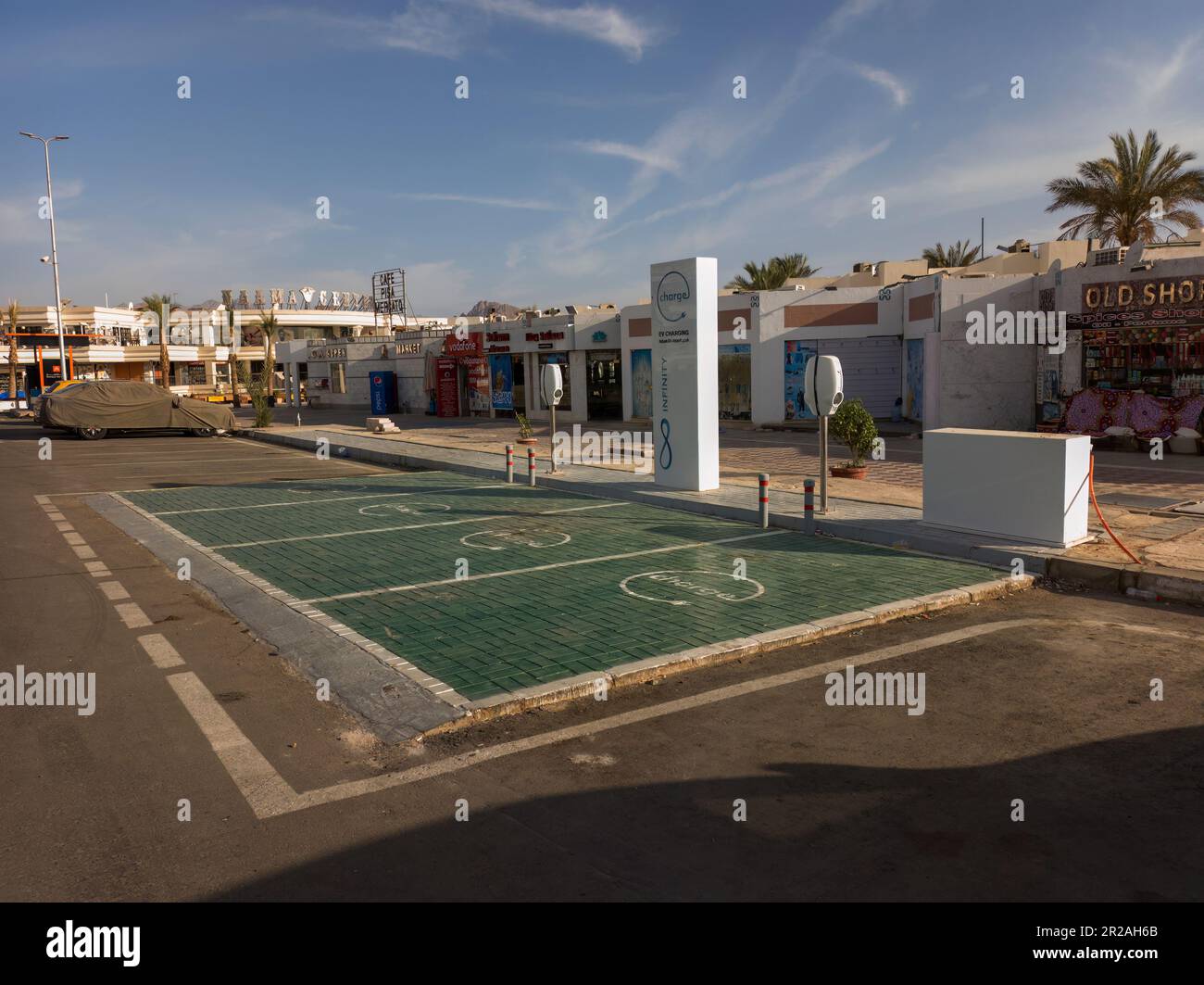 Electric Vehicle charging points in a car park in Naama Bay, Sharm el