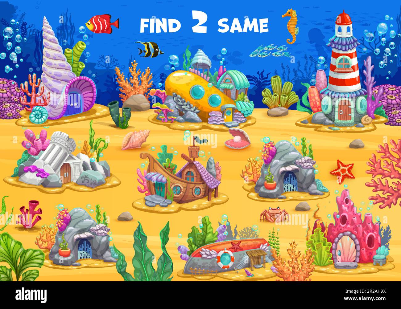 Find two same fairytale underwater houses kids game puzzle. Sea bottom