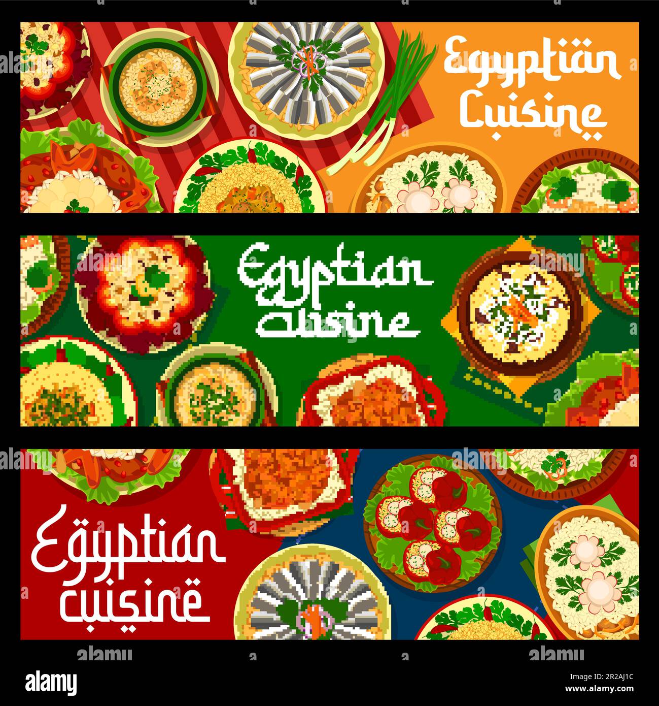 Egyptian cuisine restaurant food banners, dishes and meals of Egypt, vector. Egyptian food couscous and pilaf rice with lamb, shurba al-lmma soup with meatballs and megaddara with lentils or chicken Stock Vector