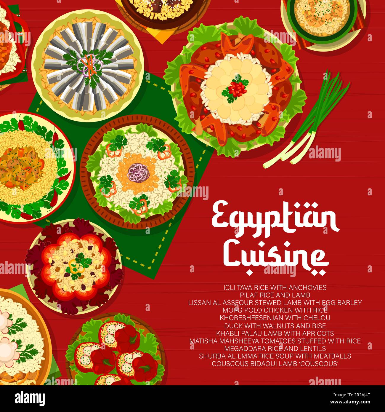 Egyptian cuisine menu cover, Egypt food dishes and meals, vector restaurant poster. Egyptian cuisine traditional food of couscous barley, pilaf rice with lamb and chicken, lentils and anchovy Stock Vector