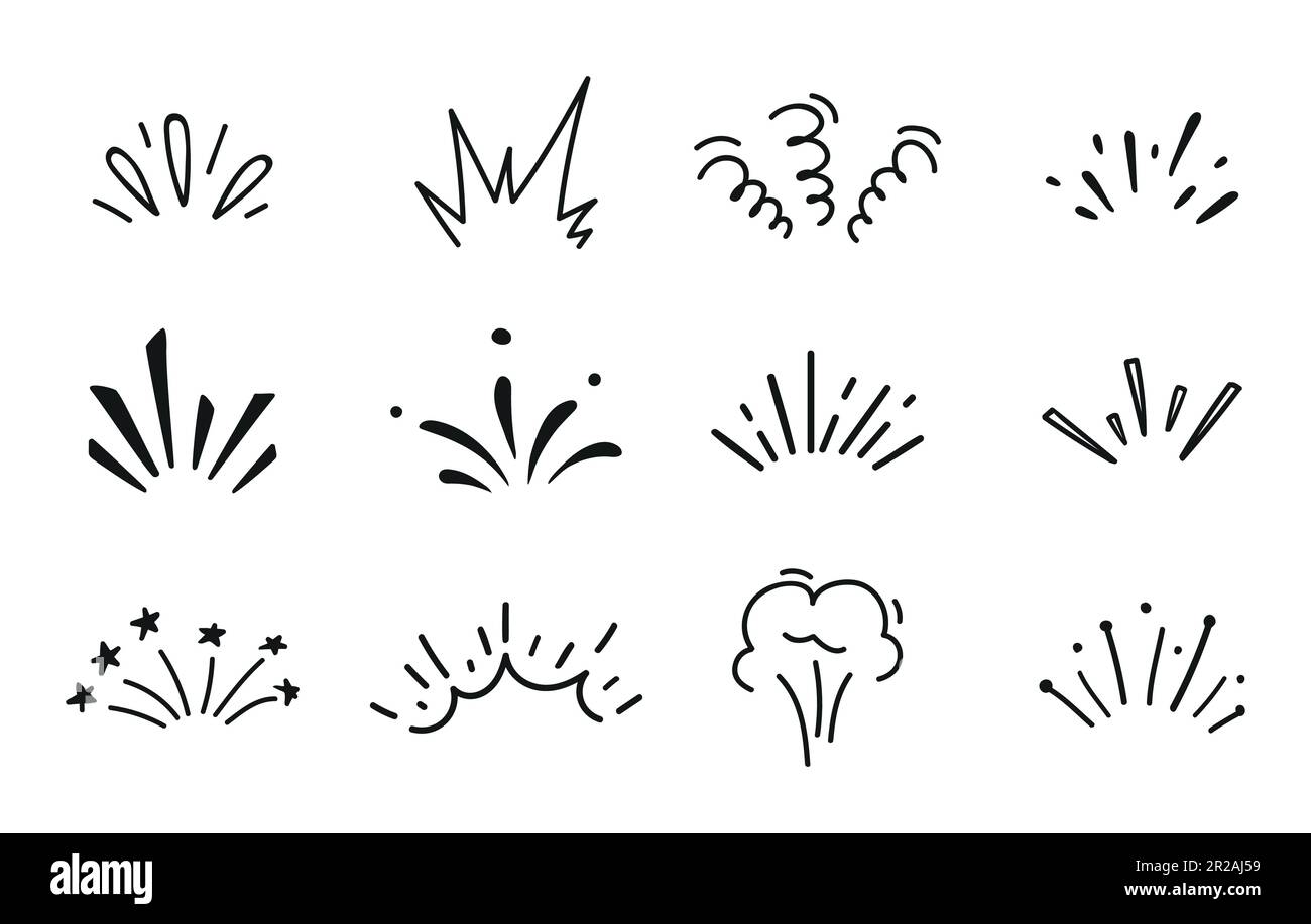 Cartoon doodle bomb explosion and boom comic clouds, vector explode