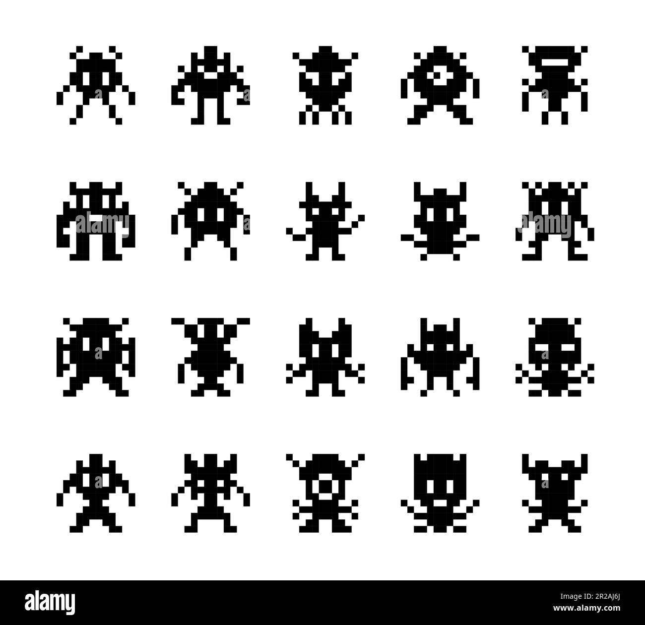 Pixel monsters, arcade game characters. Isolated vector set of funny creatures in pixel art style. Vintage 8-bit graphic silhouettes. Retro video game icons. Black simple aliens on white background Stock Vector