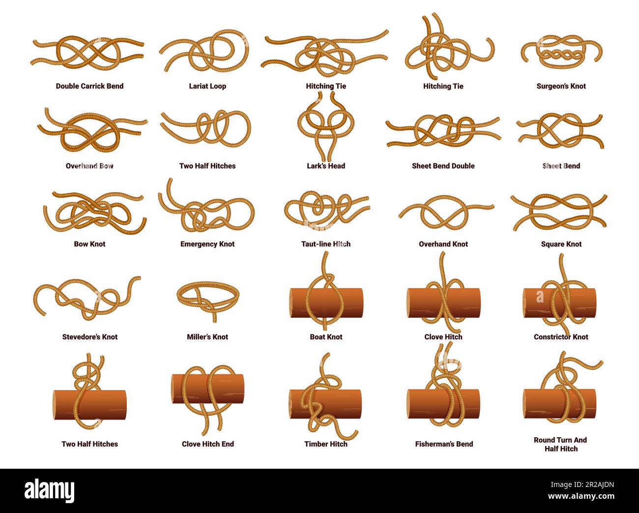 Sailing ship rope knots, nautical sailor tie and bow. Double carrick bend, lariat loop, hitching tie, surgeons and overhand bow, two half hitches, lar Stock Vector