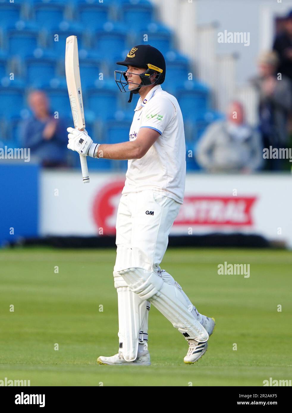Sussex's James Coles celebrates reaching his half century on day one of the LV= Insurance County Championship match at the 1st Central County Ground, Hove. Picture date: Thursday May 18, 2023. Stock Photo