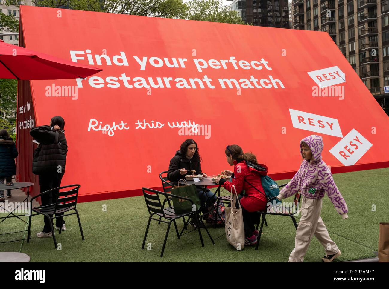 Resy brand activation in Flatiron Plaza in New York on Wednesday, May 4, 2023. Resy is a restaurant reservation service, purchased in 2019 by American Express. (© Richard B. Levine) Stock Photo