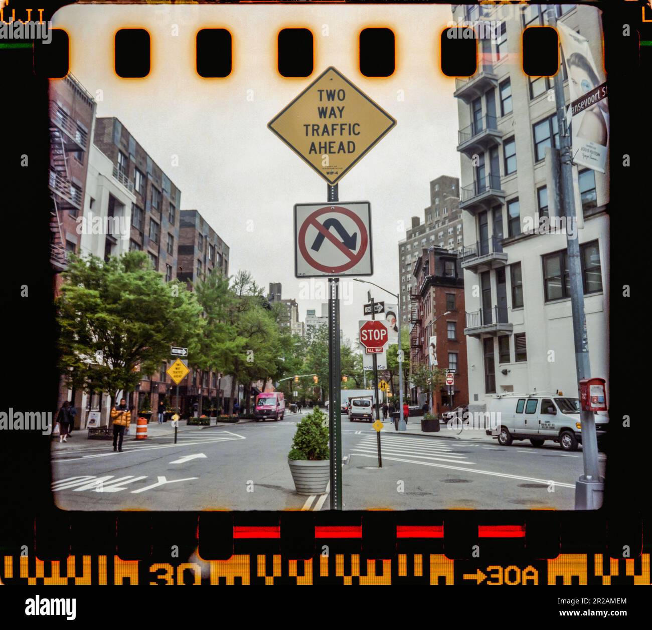 Two way traffic, no U turn sign in the Meatpacking district in New York in April 2023. (© Richard B. Levine) Stock Photo