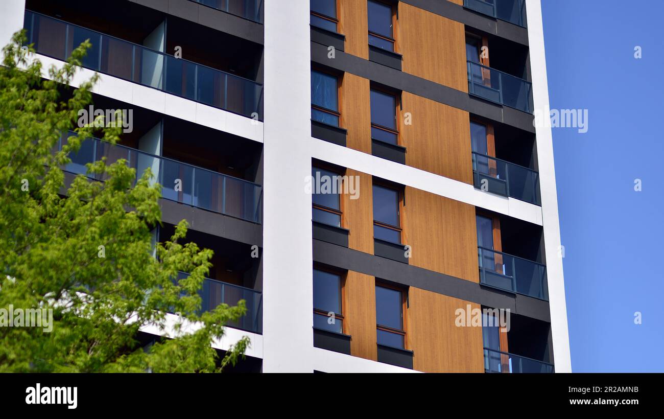 Eco architecture. Green tree and new apartment building. The harmony of