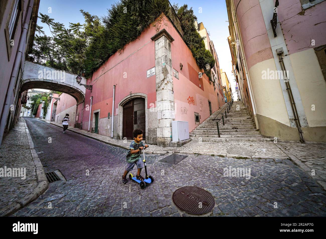 Lisbon, Portugal. Bairro Alto street scene, Rua Nova do Loureiro with terrace gardens Stock Photo