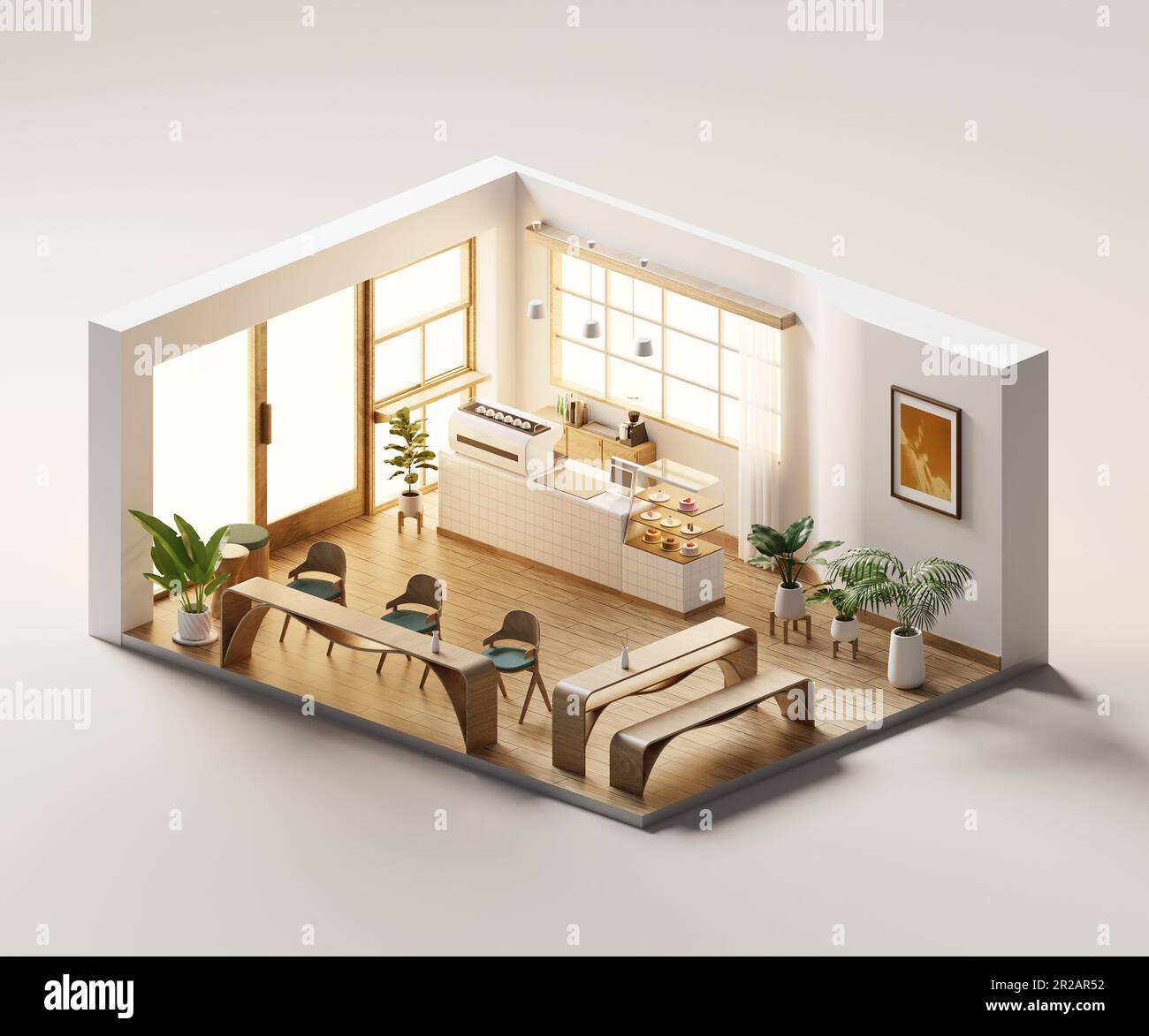 Isometric view minimal cafe store open inside interior architecture, 3d ...