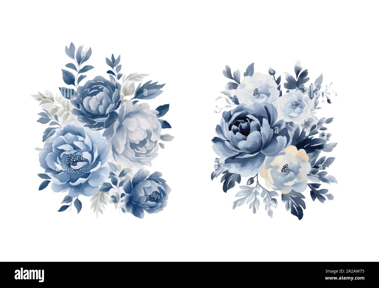 Watercolor navy blue flowers set, vintage vector flowers collection