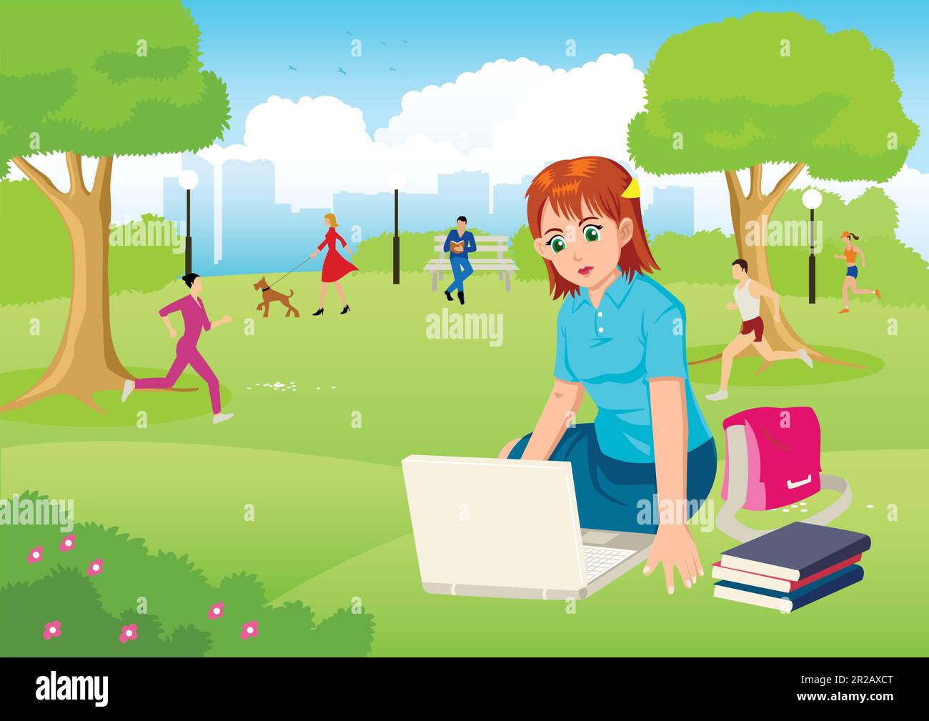 Cartoon illustration of a girl working with lap top in the city park Stock Vector