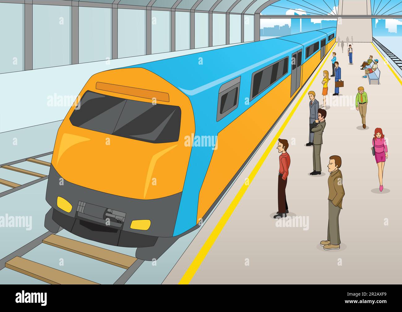Cartoon illustration of people waiting at the train station. Mass Rapid Transport, transportation, urban theme Stock Vector