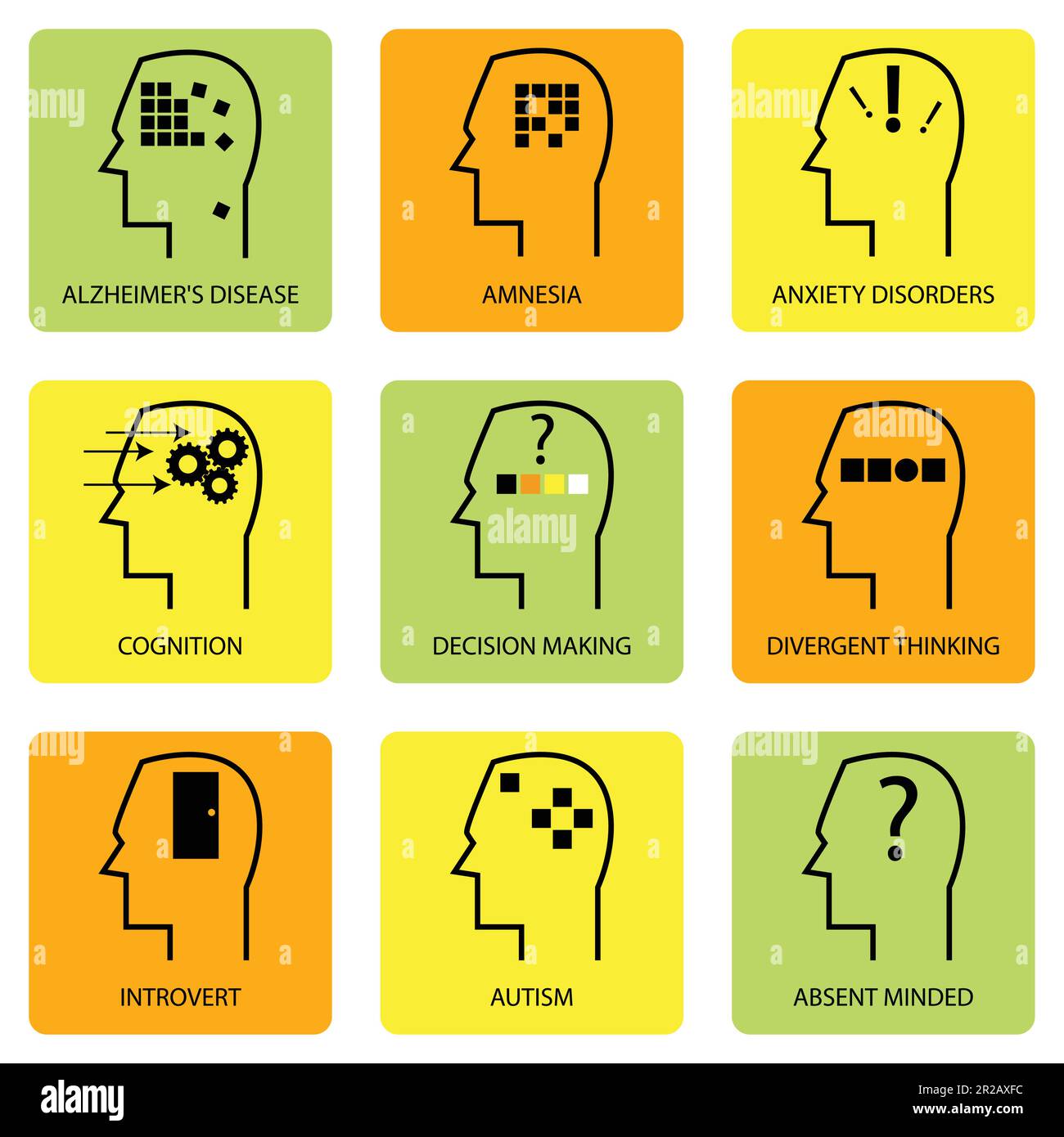 Line art icon of human mind, thinking process, characteristic, disease and psychological terms Stock Vector