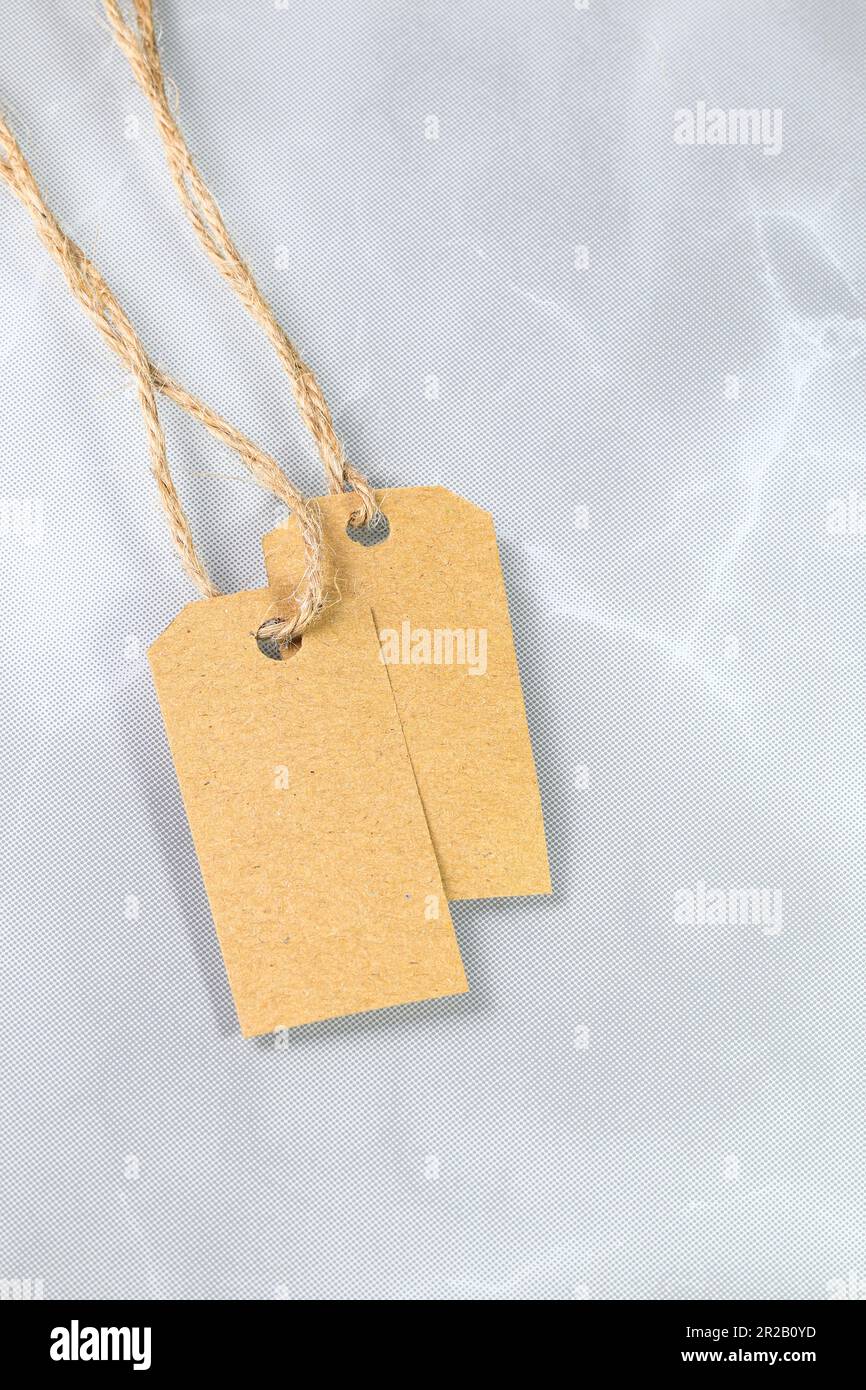 Blank tag tied with natural material string. Price tag, gift tag, sale