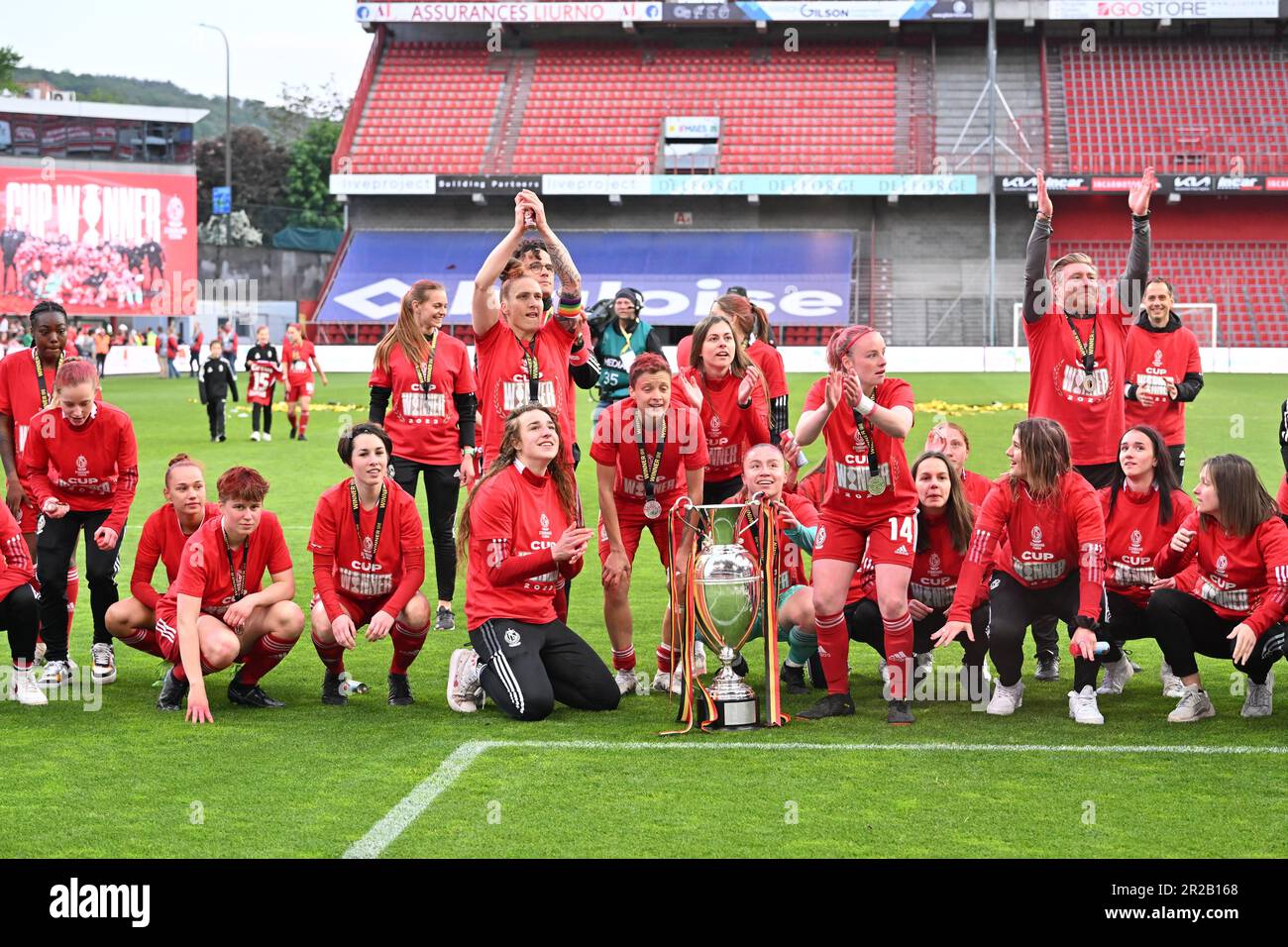 Liege, Belgium. 18th May, 2023. Standard Femina's players celebrate after  winning the match between Standard Femina de Liege and KRC Genk Ladies, the  final of the Belgian Cup, in Liege, Thursday 18