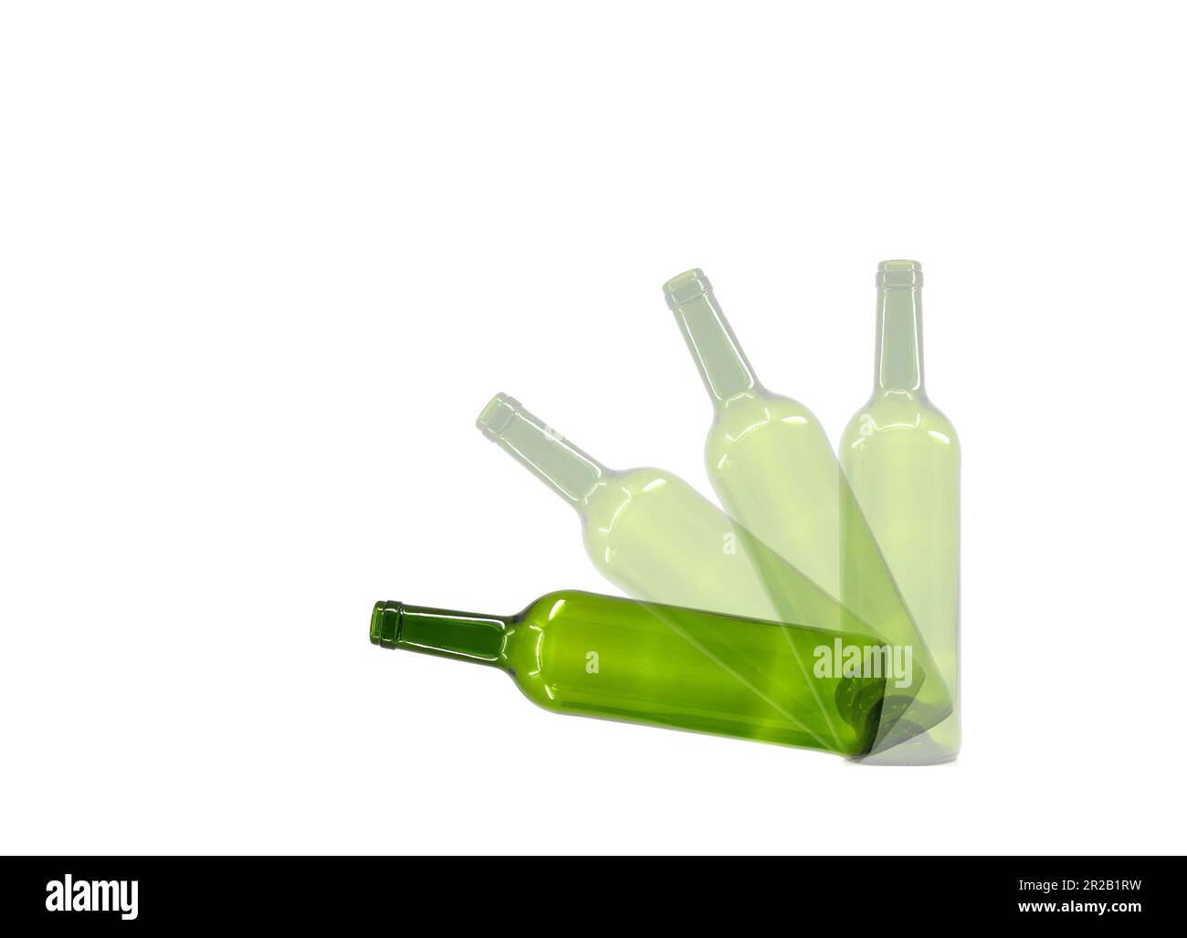 Empty wine bottle multiple exposure to create falling motion effect isolated on a plain white background. Copy space. Stock Photo