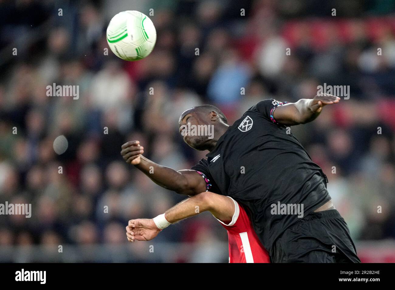 West Ham's Kurt Zouma heads the ball during the Europa Conference