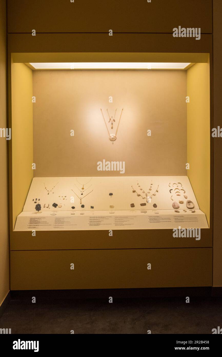 Necklaces and jewels from the late and final neolithic period (500-3200 BC) .Diachronic Museum of Larissa , Greece Stock Photo