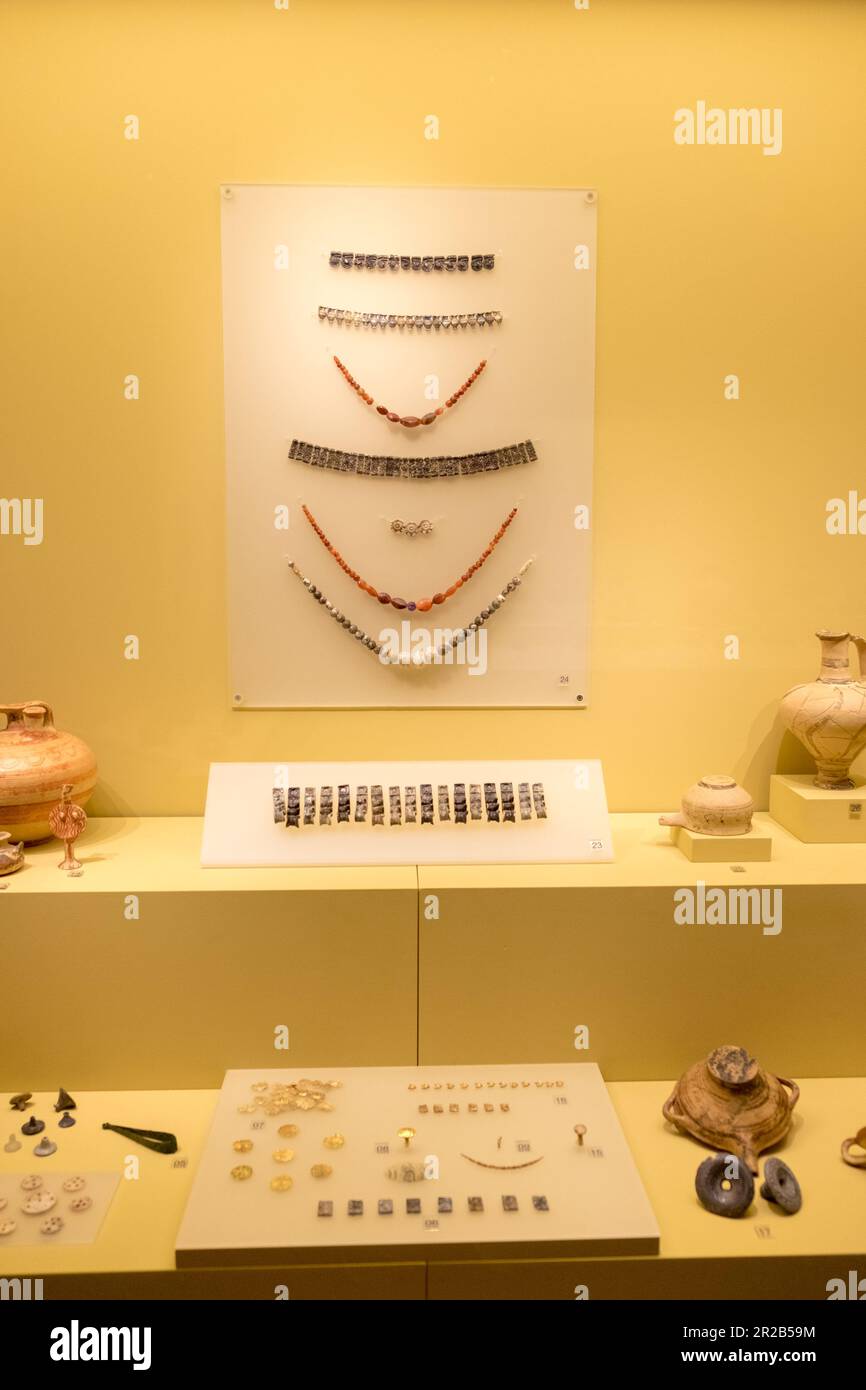 Necklashes rings and jewels from the Neolithic period . Diachronic Museum of Larissa , Greece Stock Photo