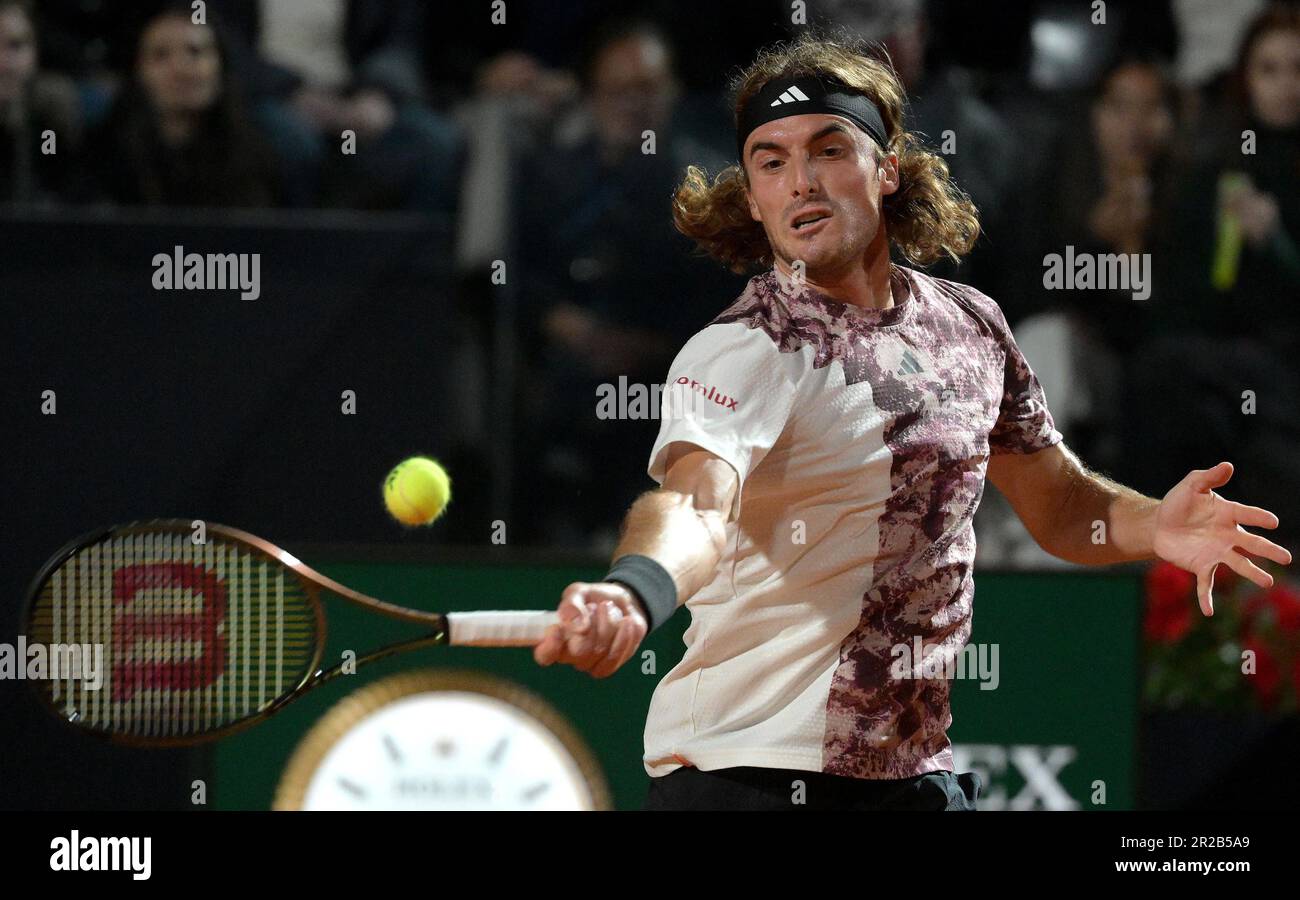 May 18, 2023, ROME Stefanos Tsitsipas of Greece in action during his mens singles quarter final match against Borna Coric of Croatia (not pictured) at the Italian Open tennis tournament in Rome,