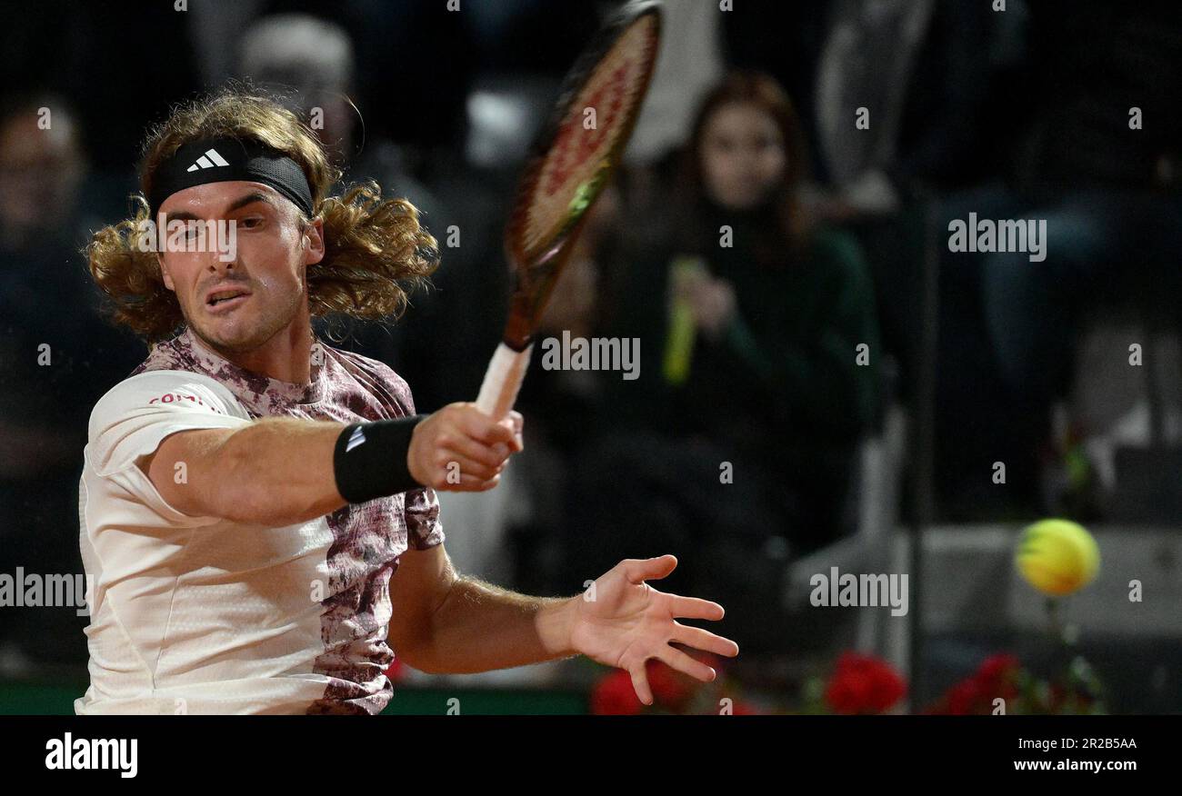 May 18, 2023, ROME Stefanos Tsitsipas of Greece in action during his mens singles quarter final match against Borna Coric of Croatia (not pictured) at the Italian Open tennis tournament in Rome,