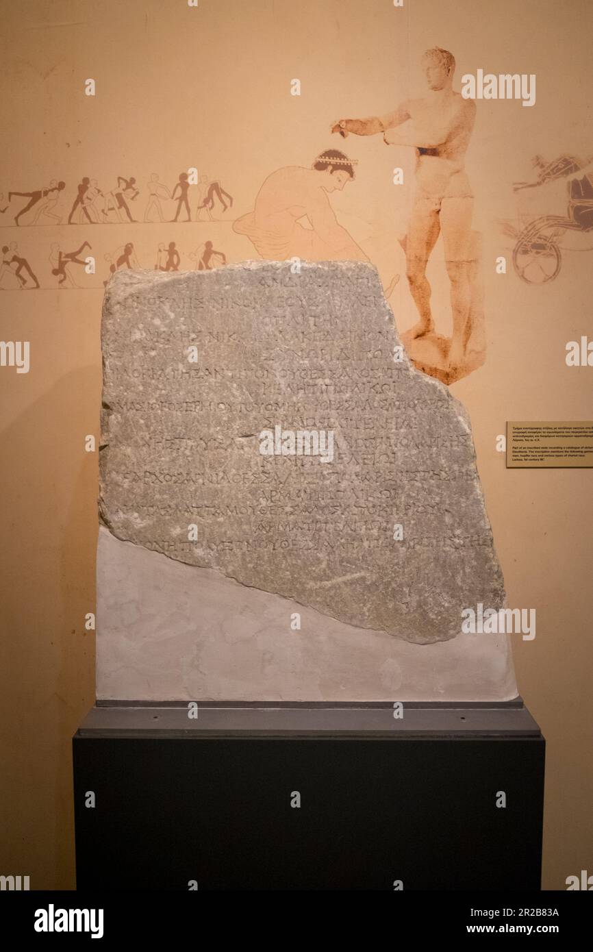 Part of the inscribed stele recording a catalogue of victors in different games 1st century B.C.Diachronic museum of Larissa. Stock Photo