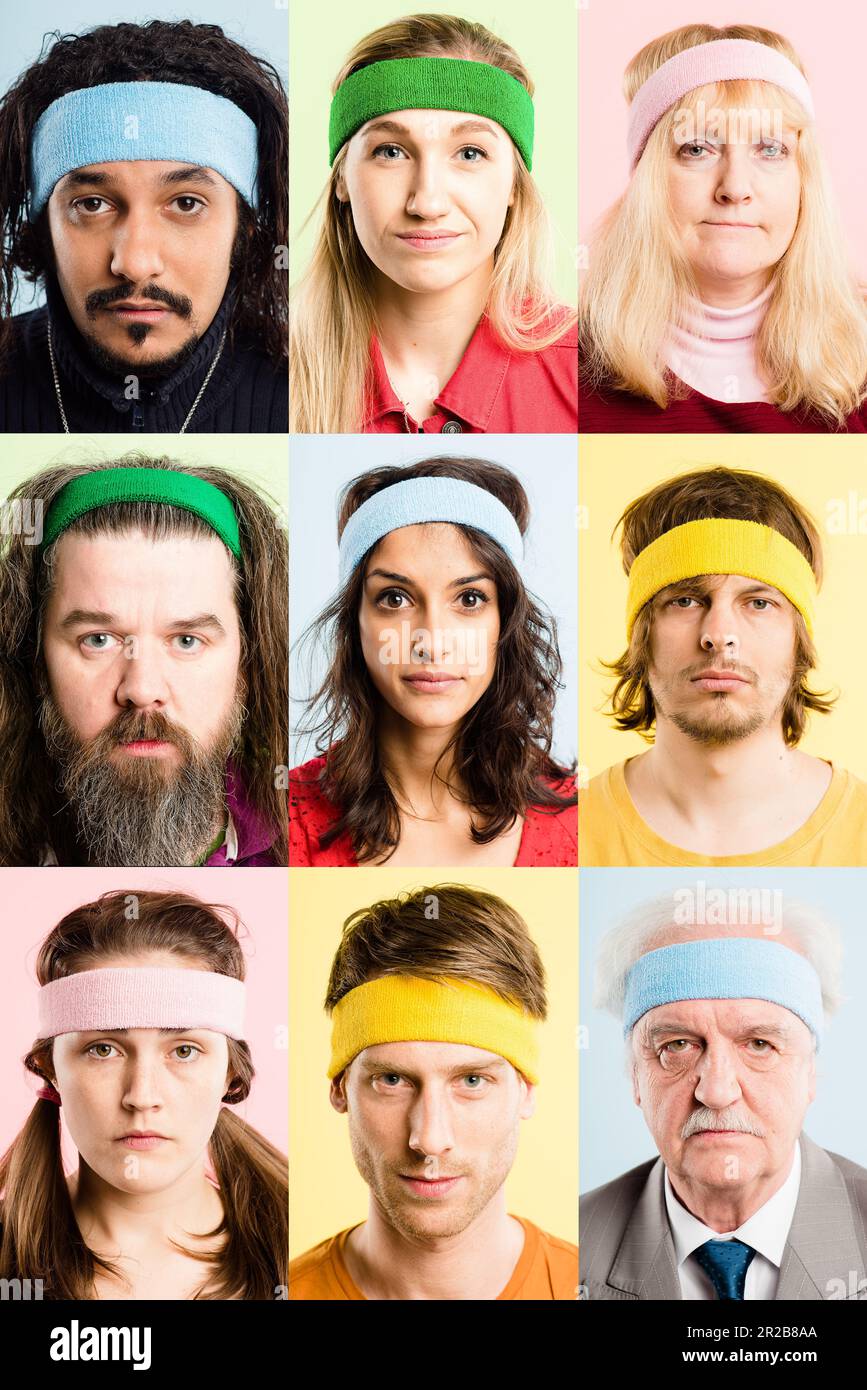 In all seriousness...Collaged shot of a diverse group of people standing in the studio and posing while wearing headbands. Stock Photo