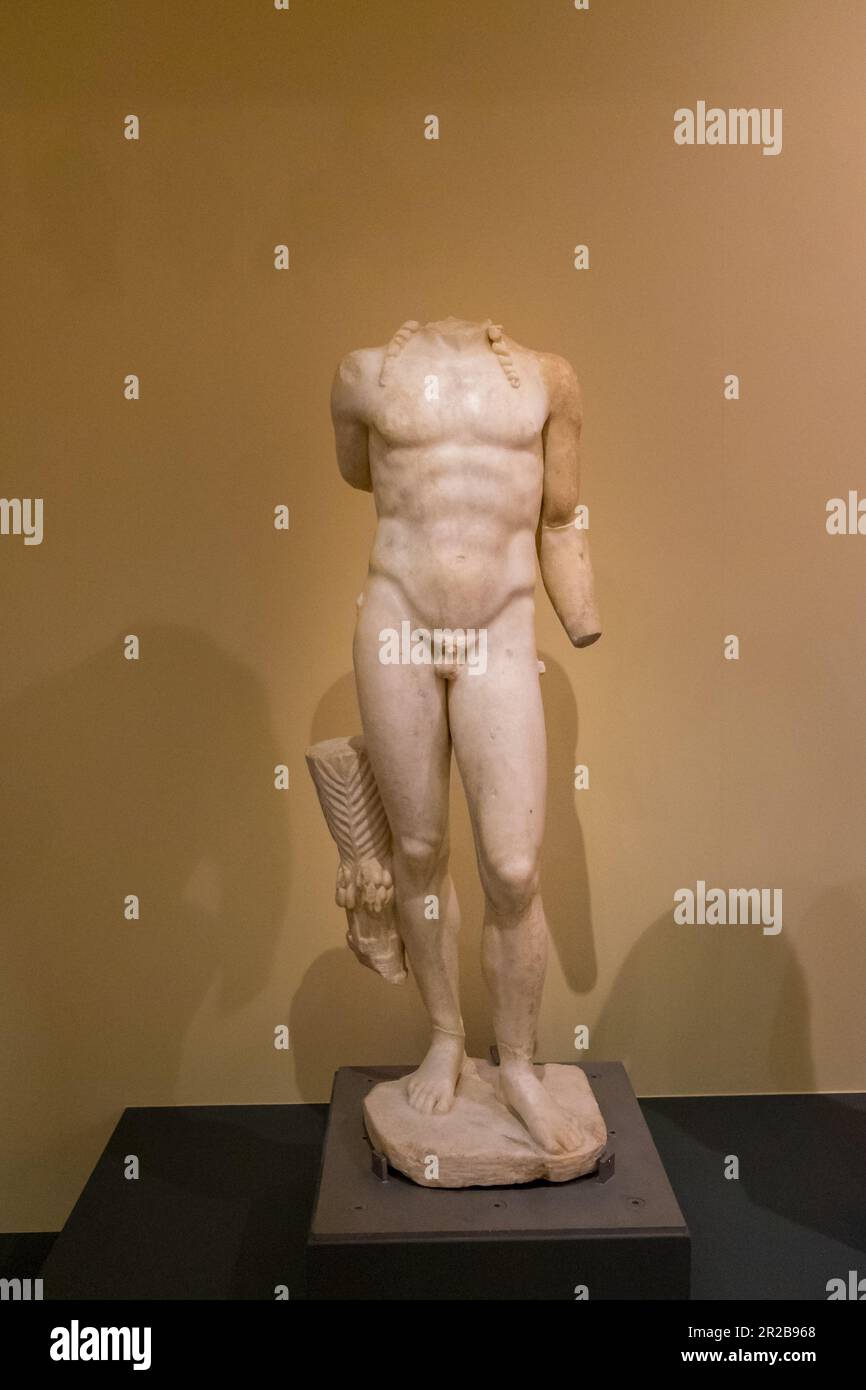 Statue of the god Apollo, from the sanctuary of Apollo at Pythion.Roman period copy.Diachronic Museum of Larissa , Greece Stock Photo
