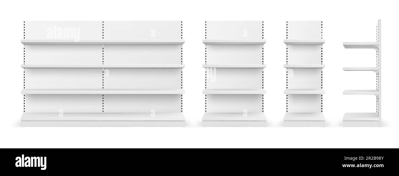 Supermarket shelf. White retail shop product shelves and racks. Empty