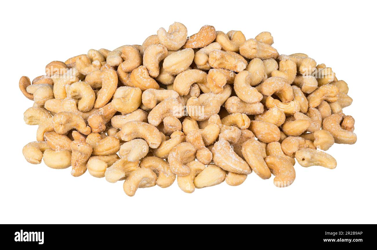 Pile of salted roasted cashew nuts isolated on a white background