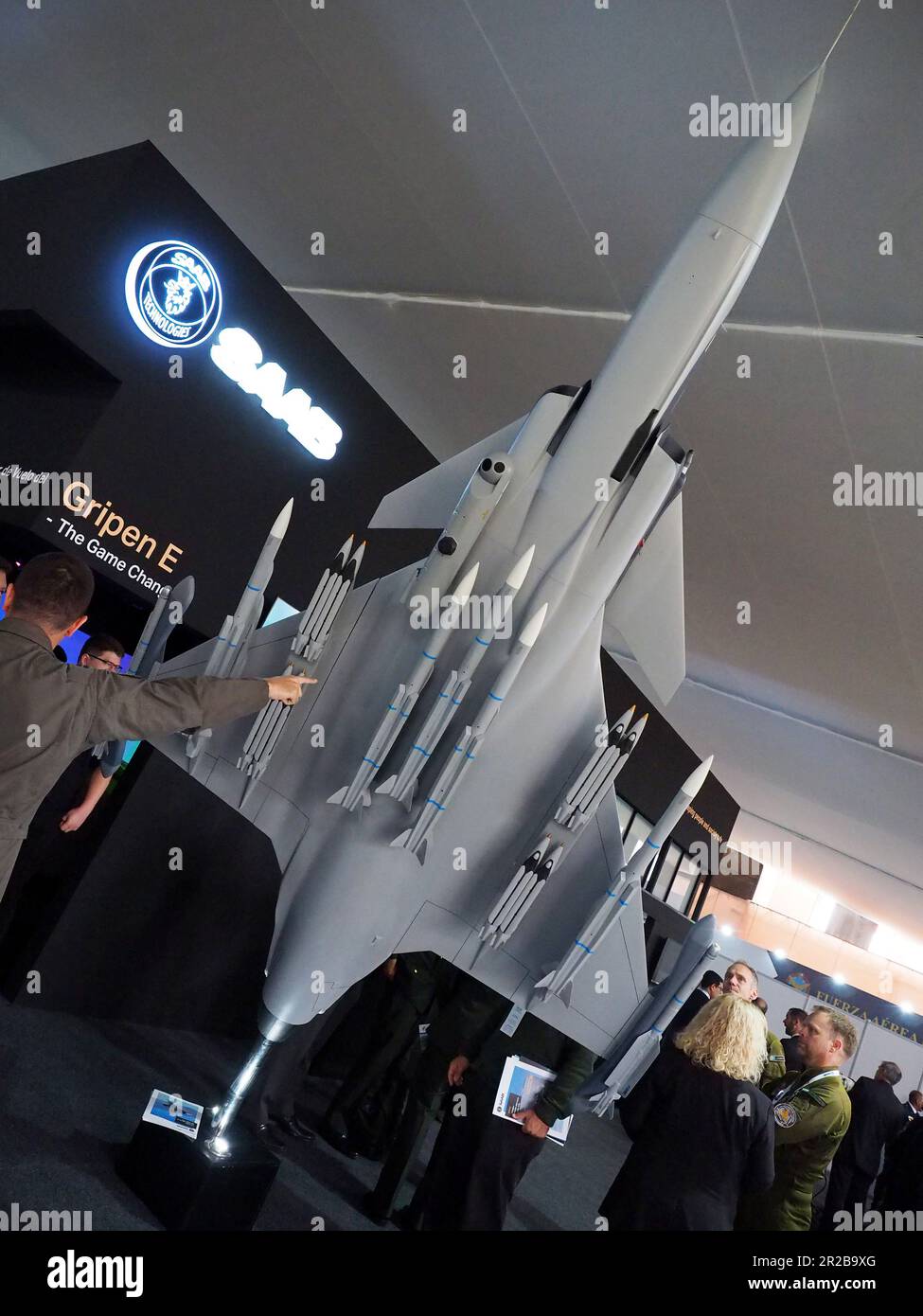 The Saab JAS 39 Gripen, a light single-engine multirole fighter aircraft, displayed at the 9th edition of the International Defence Technology Exhibition, SITDEF, 2023, in the Headquarters of the Peruvian Army. The event is held from May 18th to 21th with the presence of representatives from 28 countries Stock Photo