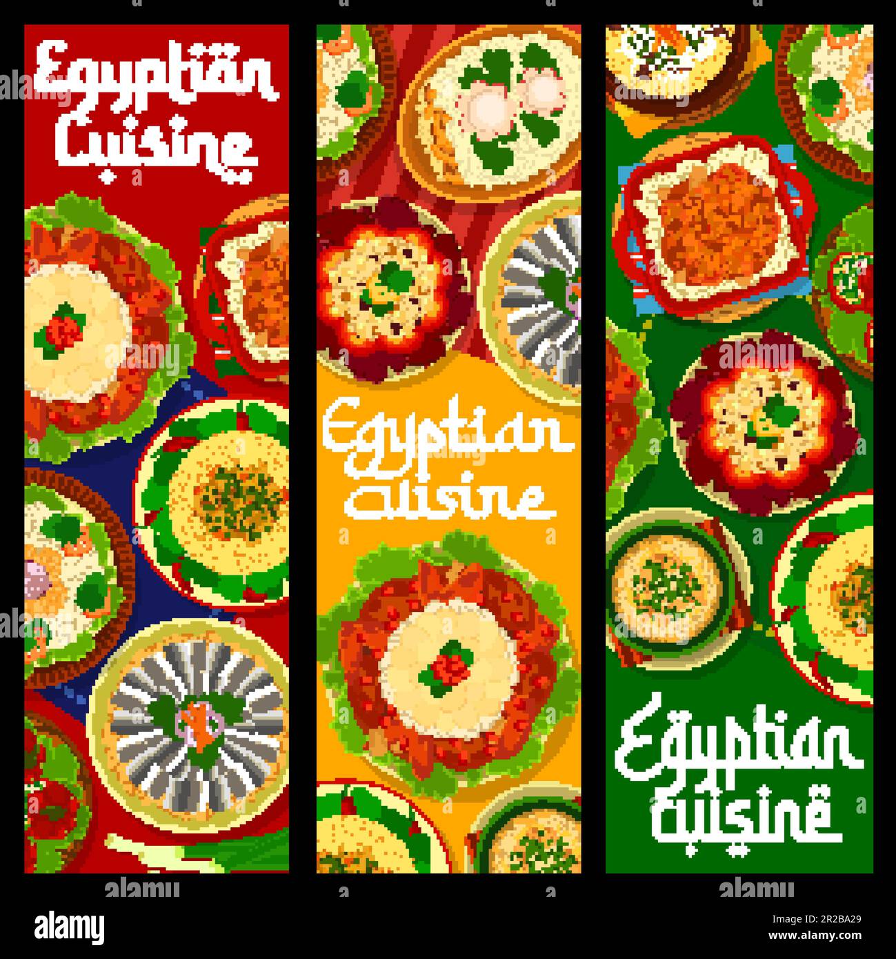Egyptian cuisine restaurant meals banners, food dishes of Egypt restaurant, vector. Egyptian cuisine traditional lunch and dishes of rice, couscous and lentils with lamb meat, chicken and anchovy Stock Vector