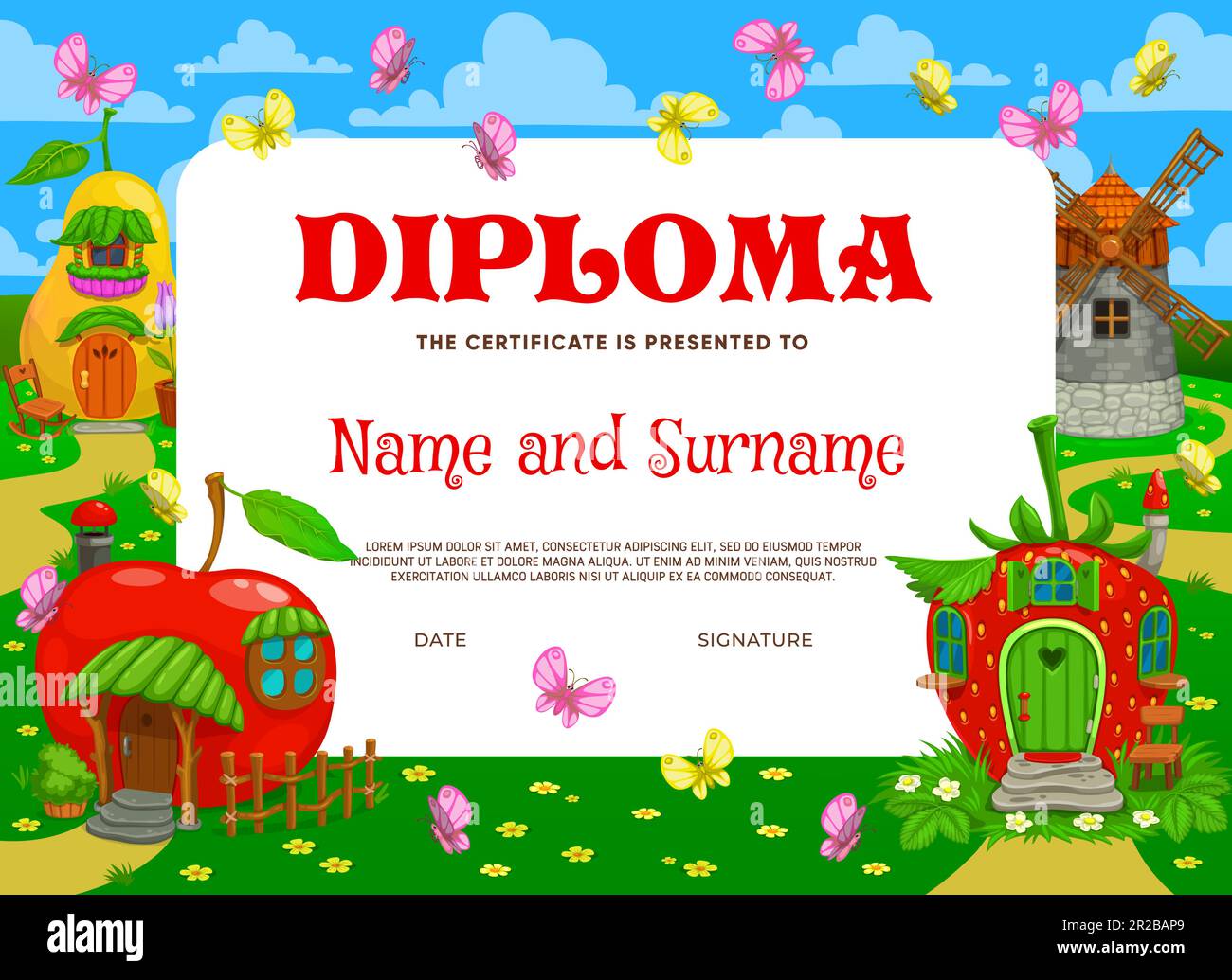 Kids diploma, fairytale magic houses and dwellings in elf village, vector education certificate. School appreciation diploma award with cartoon fairy dwelling huts in apple, strawberry and windmill Stock Vector