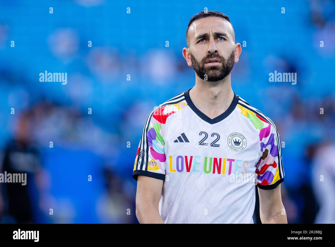 Charlotte, NC, USA. 17th May, 2023. Charlotte FC midfielder Justin Meram in his Love Unites kit before a match against the Chicago Fire in the Major League Soccer match up at Bank of America Stadium in Charlotte, NC. (Scott KinserCal Sport Media). Credit: csm/Alamy Live News Stock Photo