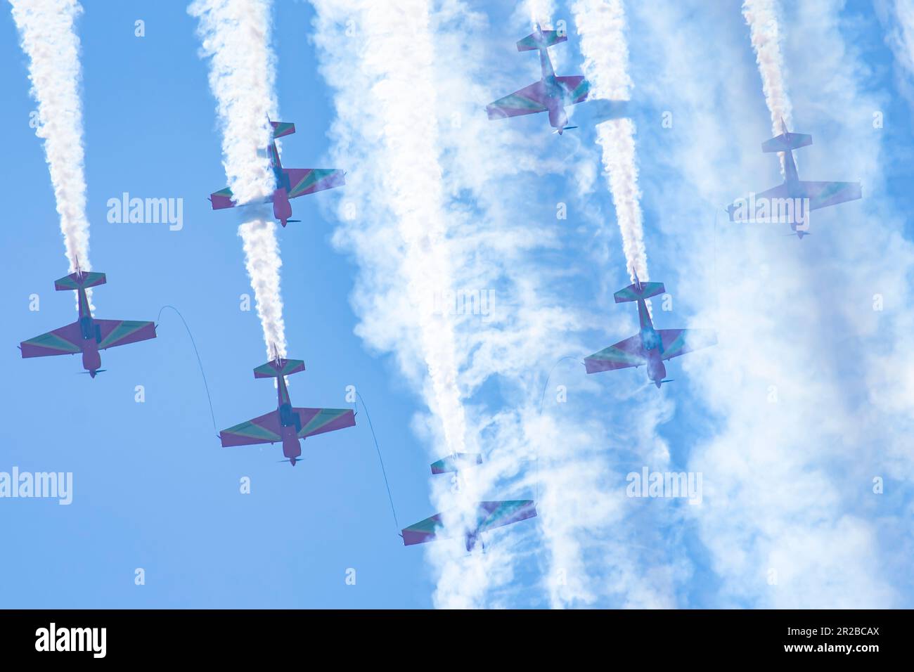 Marche Verte planes tied with steel ropes and very dangers  air show Royal Moroccan Air Force aerobatic team at Teknofest 2023 Stock Photo
