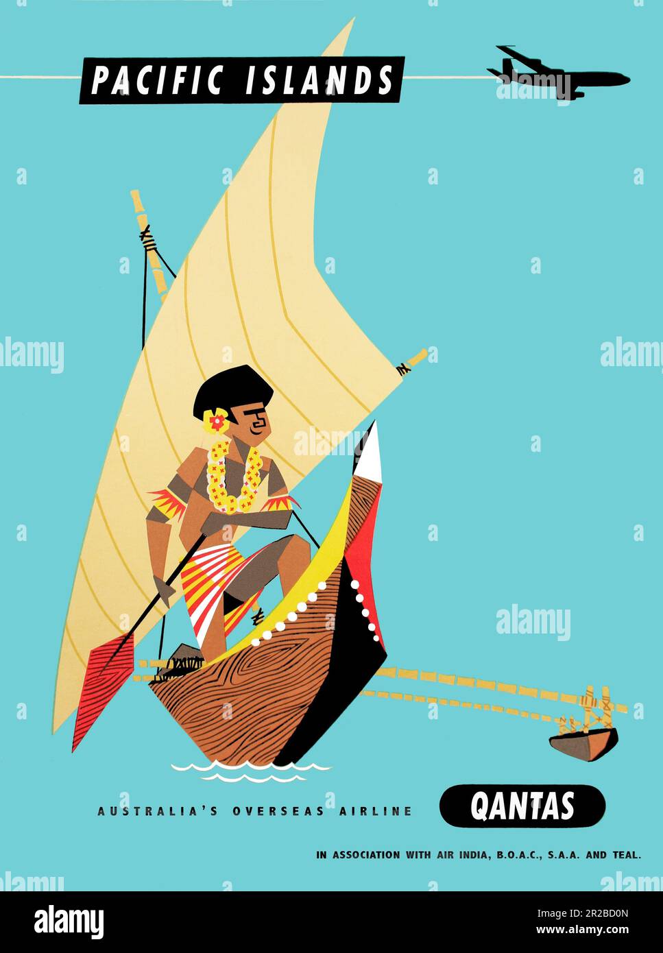 Vintage Qantas Pacific Islands travel poster showing Polynesian Outrigger Canoe. Designed by Harry Rogers 1959 Stock Photo