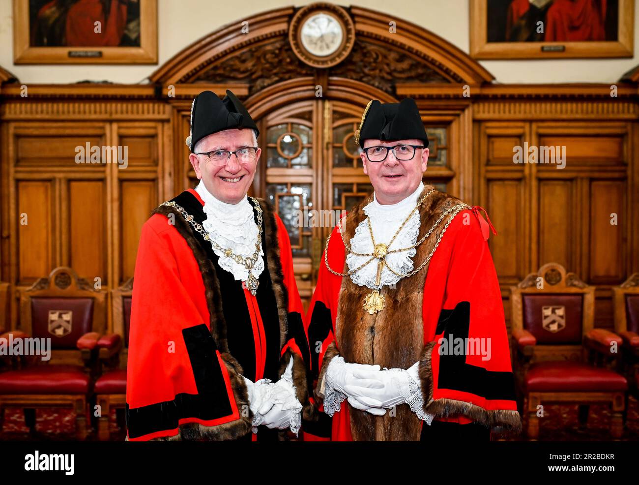 Grimsby, UK, 18th May, 2023. Newly elected Mayor, Councillor Ian Lindley, right, and Deputy Mayor Councillor Steve Beasant, during the annual North East Lincolnshire Council Mayor-Making ceremony held at Grimsby Town Hall.Councillor Ian Lindley was elected to the role of Mayor of the Borough of North East Lincolnshire, with Councillor Steve Beasant elected to Deputy Mayor of the Borough. 18th May 2023 Photo by Jon Corken, Grimsby Town Hall, Grimsby, UK. Credit: Jon Corken/Alamy Live News Stock Photo