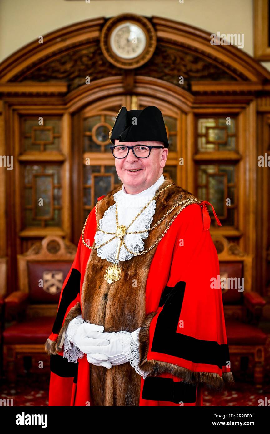 Grimsby, UK, 18th May, 2023. Newly elected Mayor Councillor Ian Lindley, during the annual North East Lincolnshire Council Mayor-Making ceremony held at Grimsby Town Hall.Councillor Ian Lindley was elected to the role of Mayor of the Borough of North East Lincolnshire, with Councillor Steve Beasant elected to Deputy Mayor of the Borough. 18th May 2023 Photo by Jon Corken, Grimsby Town Hall, Grimsby, UK. Credit: Jon Corken/Alamy Live News Stock Photo