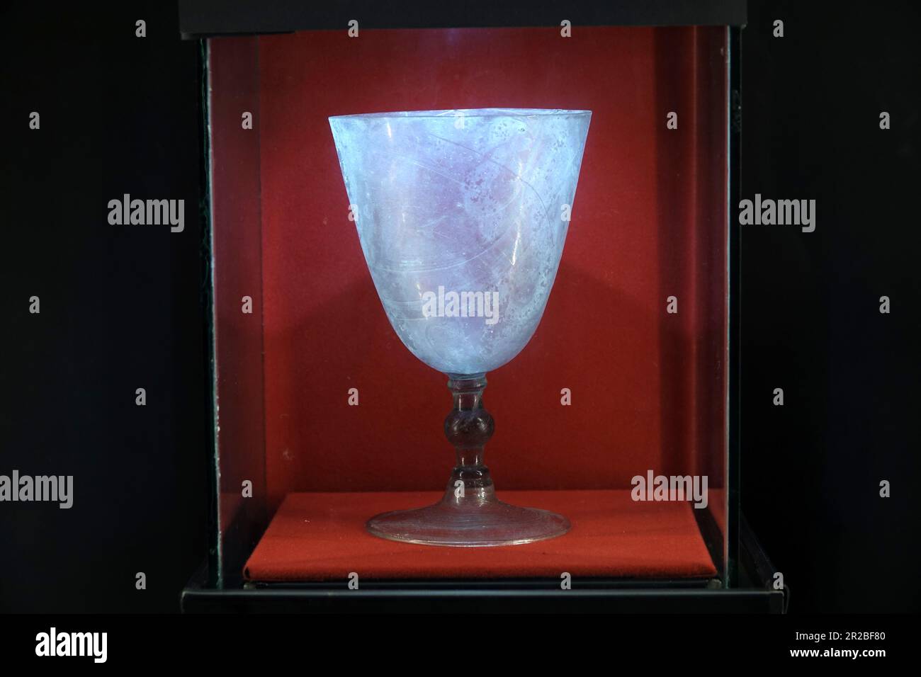 Close-up image of the glass chalice found in Berceto Cathedral that may be the Holy Grail (Saint Graal, Graal, Greal). Berceto, Parma, Emilia Romagna, Stock Photo