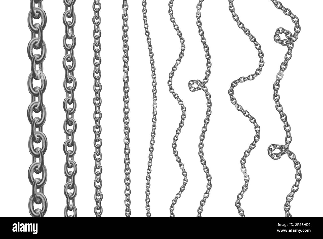 Silver chains collection, vector cartoon illustration of jewelry chains