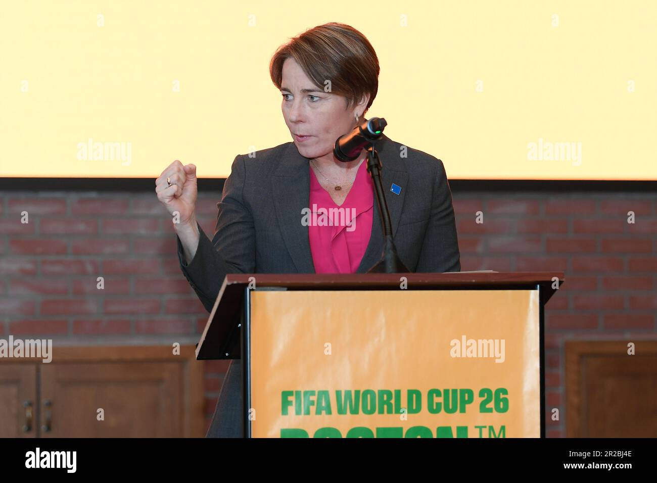 Boston. 18th May, 2023. Massachusetts, USA; Maura Healey, Massachusetts Governor, speaks at the unveiling of the FIFA 2026 World Cup local branding for the city of Boston. Mandatory Credit Eric Canha/CSM/Alamy Live News Stock Photo