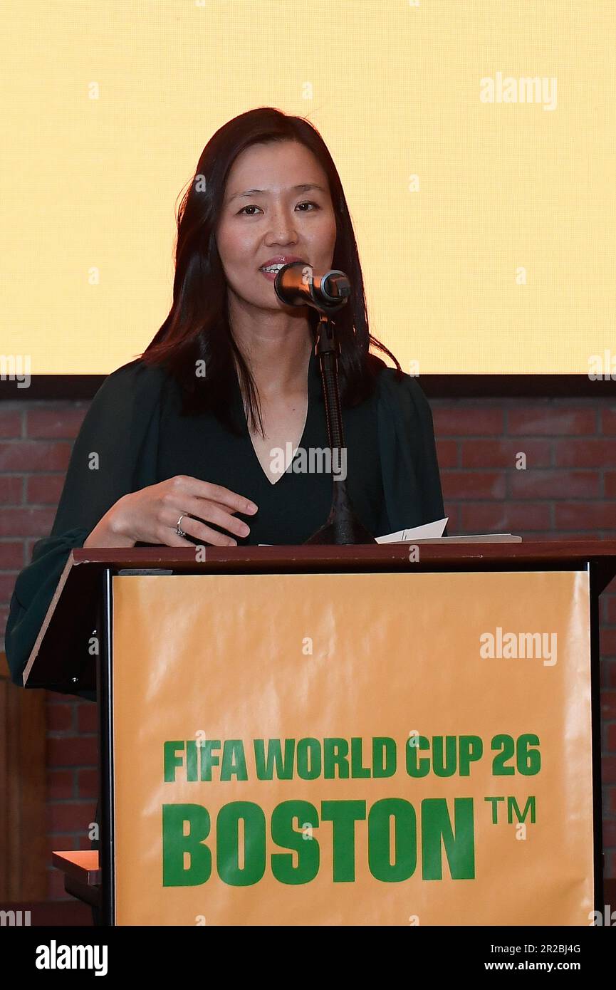 Boston. 18th May, 2023. Massachusetts, USA; Michelle Wu, Mayor of Boston speaks at the unveiling of the FIFA 2026 World Cup local branding for the city of Boston. Mandatory Credit Eric Canha/CSM/Alamy Live News Stock Photo