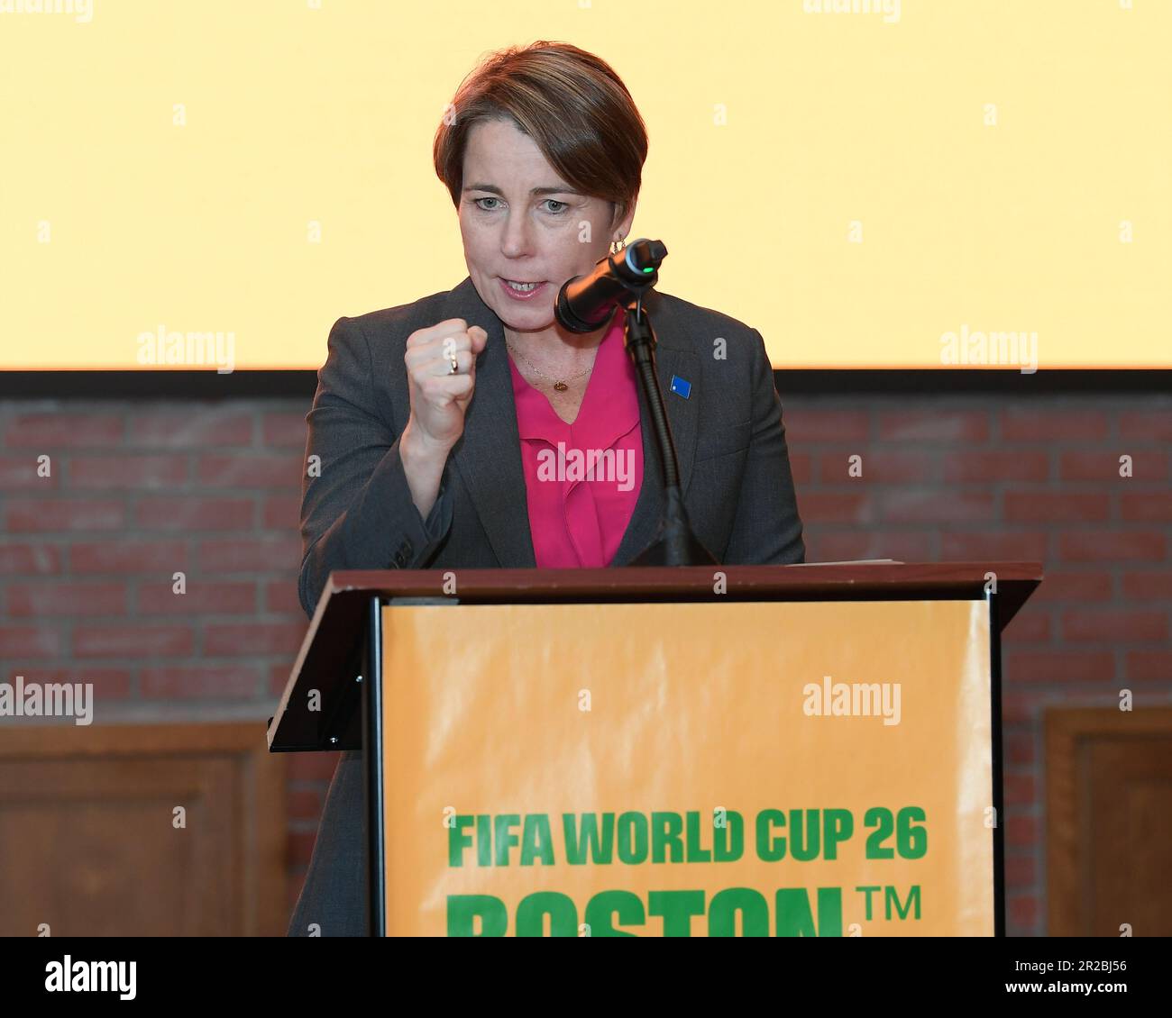 Boston. 18th May, 2023. Massachusetts, USA; Maura Healey, Massachusetts Governor, speaks at the unveiling of the FIFA 2026 World Cup local branding for the city of Boston. Mandatory Credit Eric Canha/CSM/Alamy Live News Stock Photo